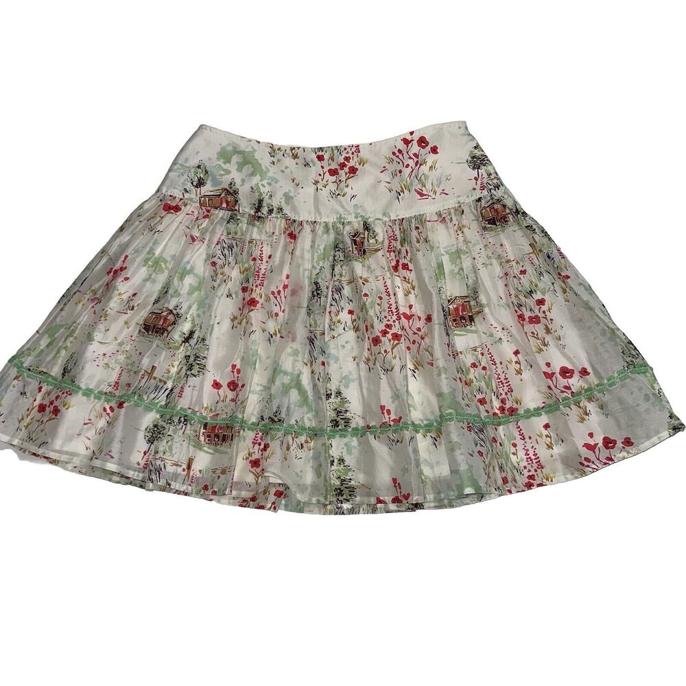 Kay Unger Silk Scenic Skirt Pleated Mint Green Embellished Detail Hem